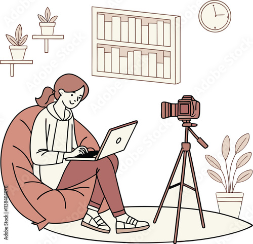 Young woman blogger recording online course or workshop for followers, chatting via webcam at home illustration with wireless high-speed internet connection.