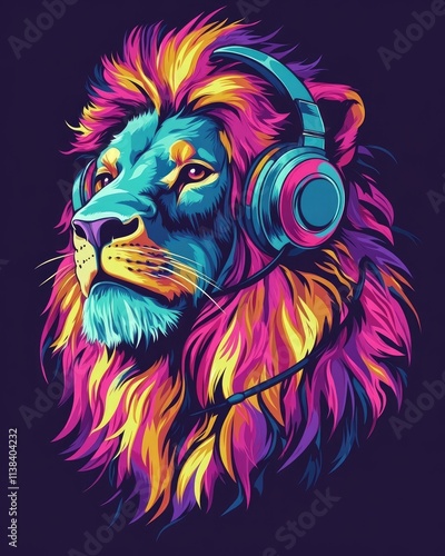 A colorful lion with headphones on its head, in a graffiti style, against a dark background. This vector illustration would make a great design for a t-shirt photo