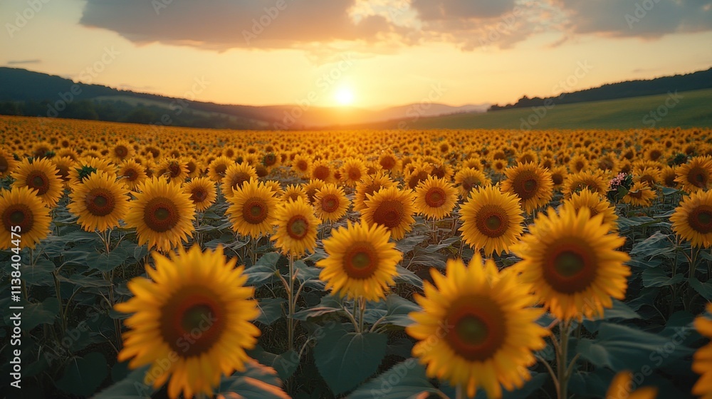 Fototapeta premium A vibrant field of sunflowers at sunset, showcasing nature's beauty and tranquility.