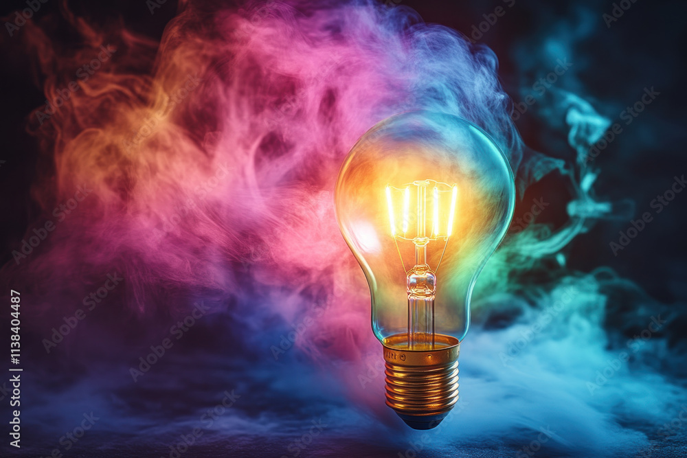 Lightbulb glows in smoke with vibrant colors. Lightbulb glows in smoke with vibrant colors.