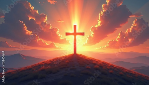 Majestic Sunrise Behind a Cross Silhouette on a Hill with Radiant Clouds and Warm Colors