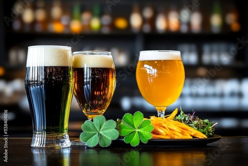 Craft beers served with fries and clovers in a rustic pub setting photo