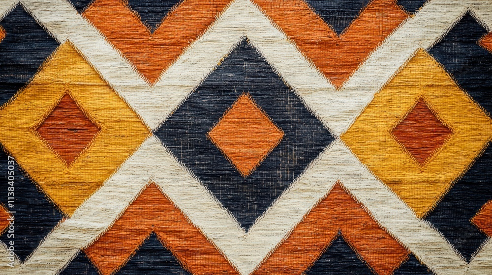 A vibrant textile pattern featuring geometric diamonds in rich colors of orange, yellow, black, and cream, showcasing intricate design and craftsmanship. A vibrant textile pattern featuring geometric diamonds in rich colors of orange, yellow, black, and cream, showcasing intricate design and craftsmanship.