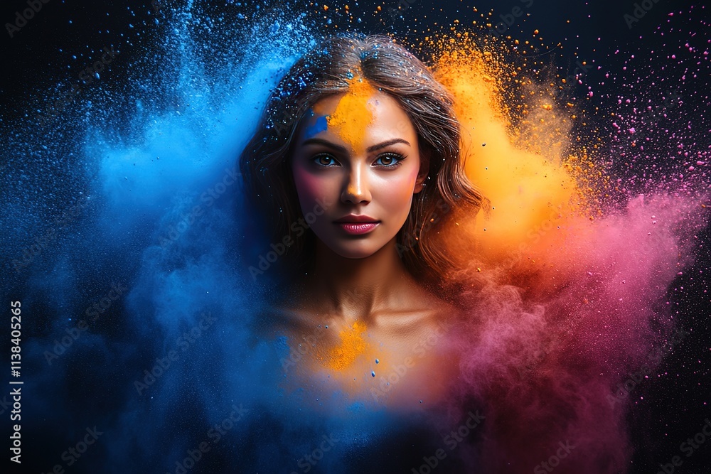 A woman's face is shown in a colorful explosion of powder A woman's face is shown in a colorful explosion of powder