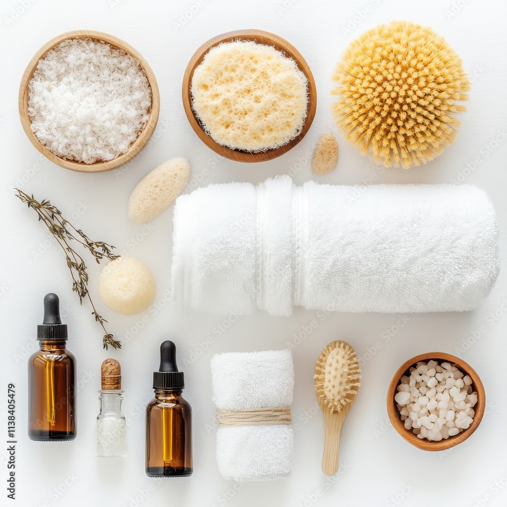 A flat lay of luxurious spa essentials, including fluffy towels, essential oils, and a loofah, styled for a clean and relaxing aesthetic on a white background A flat lay of luxurious spa essentials, including fluffy towels, essential oils, and a loofah, styled for a clean and relaxing aesthetic on a white background