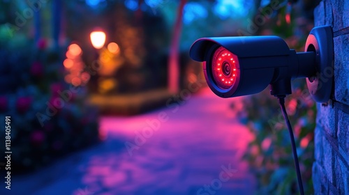 Security camera mounted on a wall at night, infrared LEDs illuminated. photo