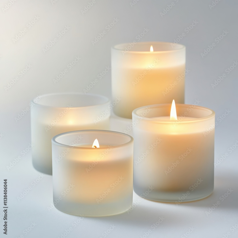 A set of luxury scented candles in frosted glass jars, with soft lighting and subtle shadows on a clean white background A set of luxury scented candles in frosted glass jars, with soft lighting and subtle shadows on a clean white background