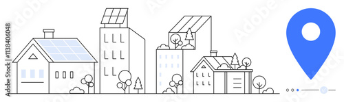 Eco-friendly urban neighborhood featuring homes and buildings with solar panels, surrounded by trees, and highlighted by a large blue location marker. Ideal for sustainability, real estate, urban