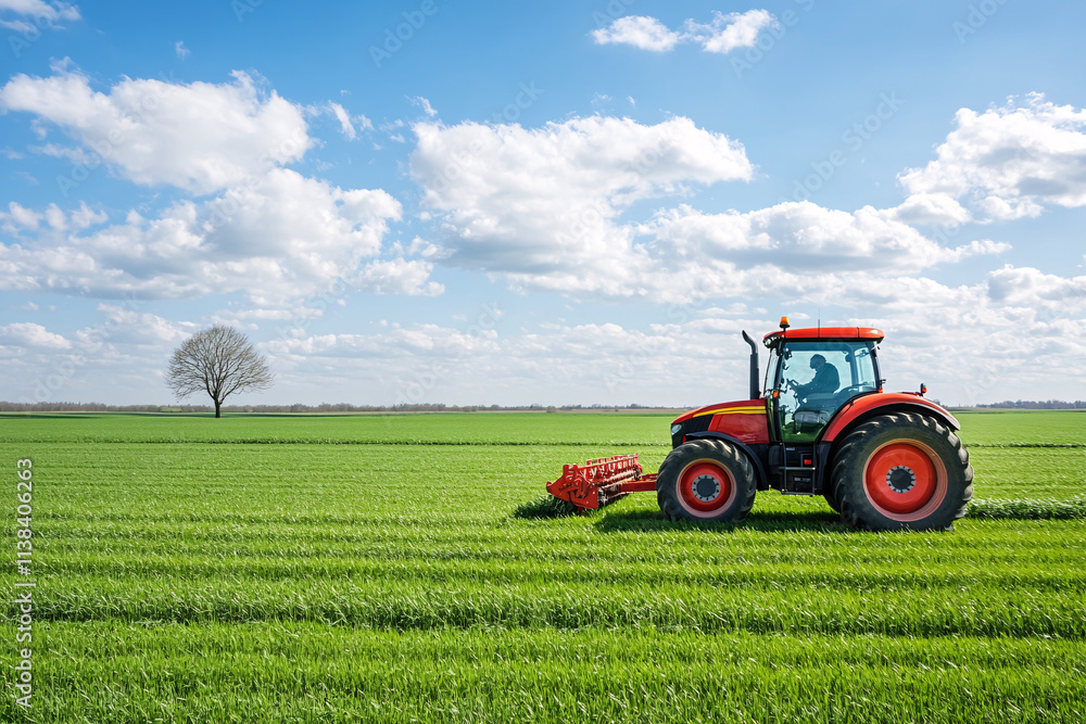 A minimalistic stock photo of a tractor working in a green field under a blue sky with fluffy clouds and a lone tree in the distance A minimalistic stock photo of a tractor working in a green field under a blue sky with fluffy clouds and a lone tree in the distance