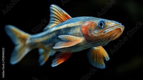 A vibrant fish swimming gracefully in dark water, showcasing its colorful fins and scales.