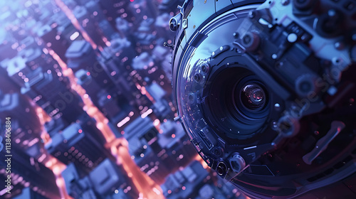 A close-up of a dronea??s camera capturing aerial footage of a city, photo