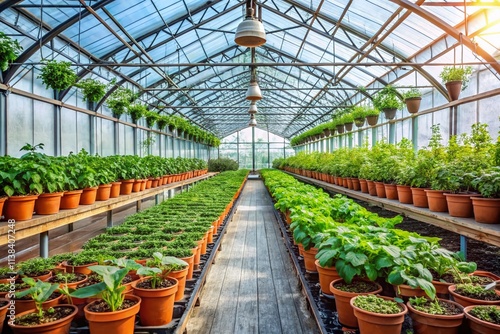 Sustainable Greenhouse Farming: Potted Plants & Seedlings, Realistic Image