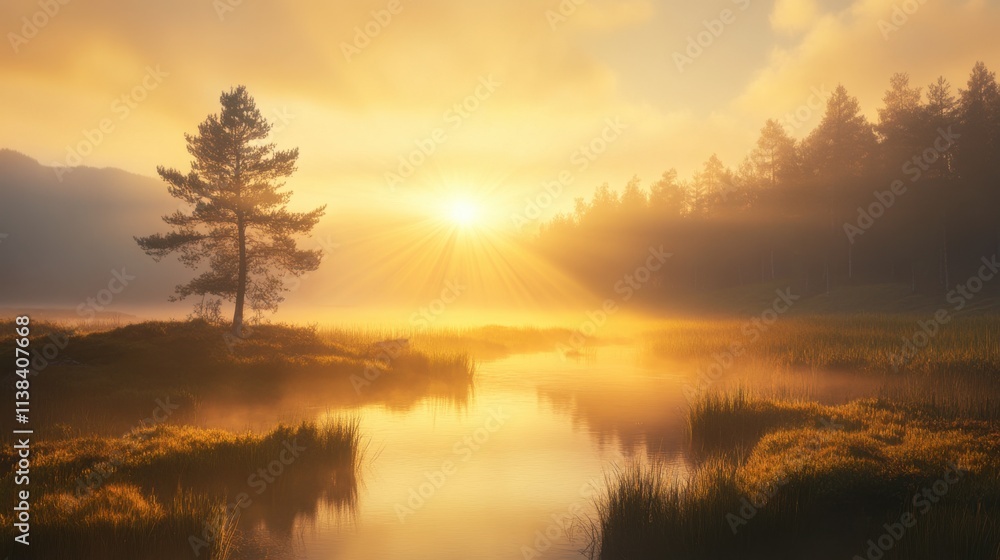 Fototapeta premium The quiet beauty of a river valley, pine forest and sunrise light playing together amidst the morning fog.