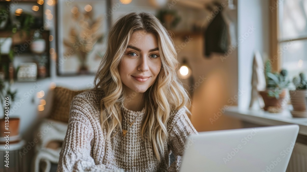 Smiling woman working on laptop at home. Smiling woman working on laptop at home.