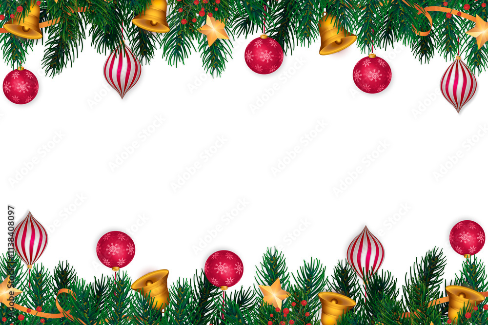 Christmas ornaments and pine branches on a white background, creating a festive border frame Christmas ornaments and pine branches on a white background, creating a festive border frame