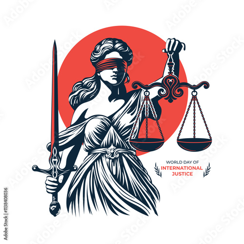 Lady Justice holding scale and sword with hand drawn engraving style vector illustration