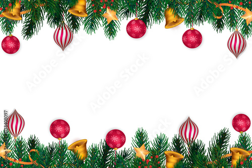  Christmas ornaments and pine branches on a white background, creating a festive border frame