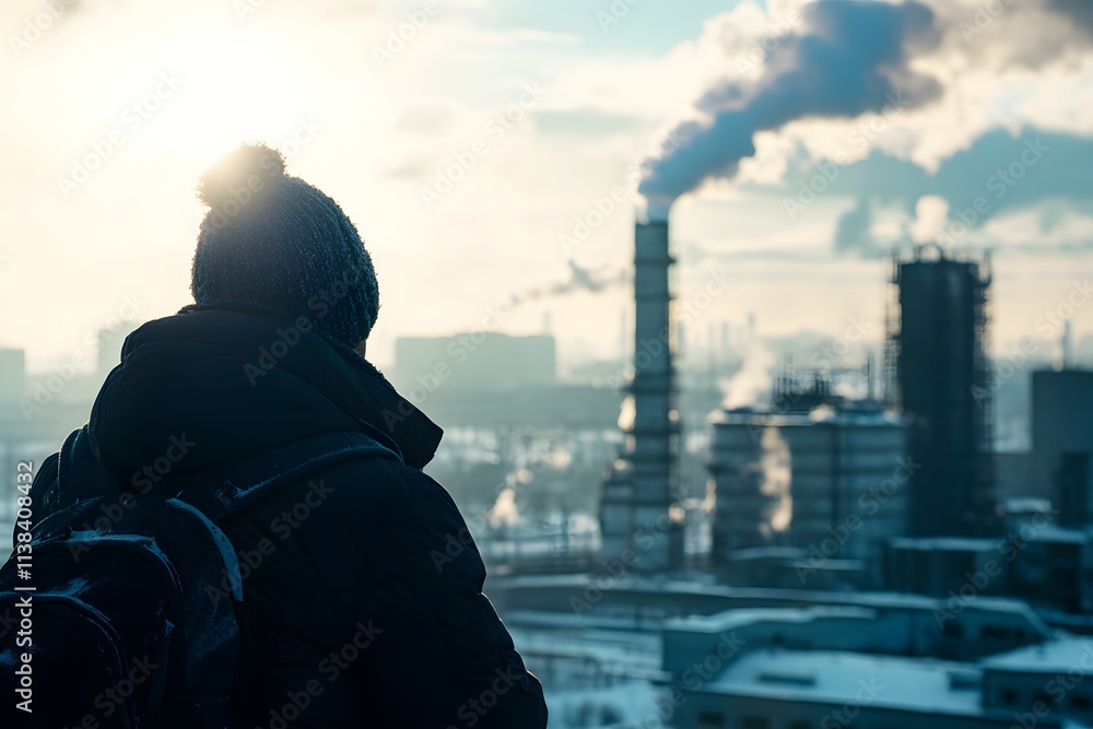 A worker gazes at a smoky industrial skyline as winter fog envelops the city during the late afternoon light, evoking a sense of contemplation. Generative AI A worker gazes at a smoky industrial skyline as winter fog envelops the city during the late afternoon light, evoking a sense of contemplation. Generative AI