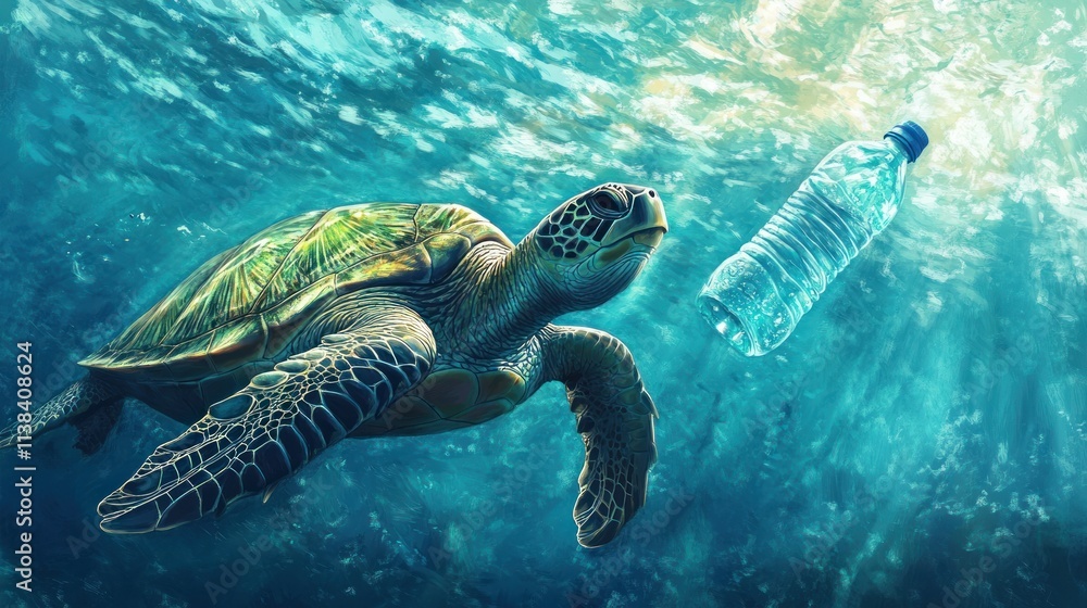 Fototapeta premium Sea turtle swimming near plastic bottle in ocean.
