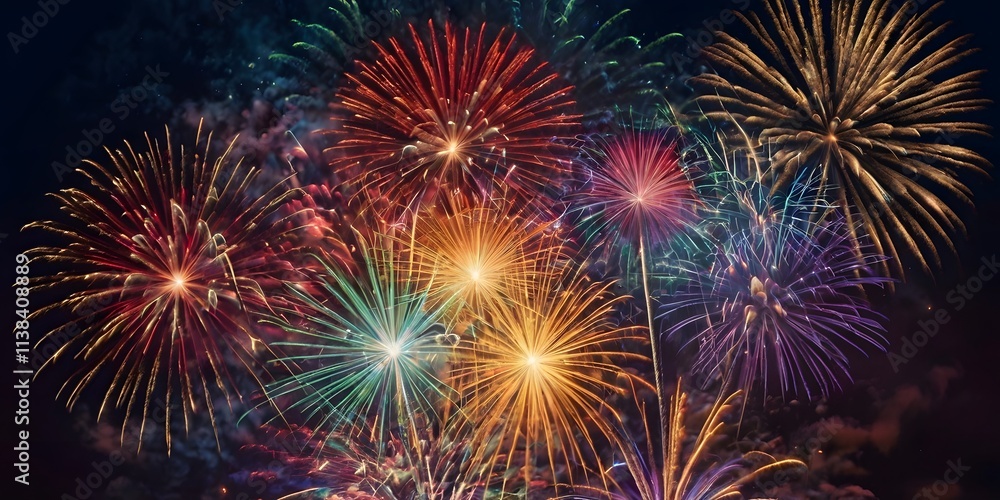 Naklejka premium New Year Celebration Spectacular Fireworks Festive Night Sky Colorful Lights Excitement and Joyful Vibes