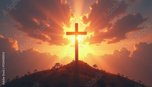 Golden Sunrise Behind a Cross on a Hill with Dramatic Clouds and Rays of Light