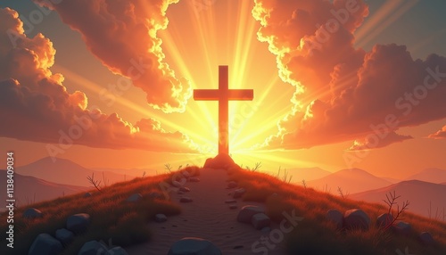 Majestic Sunrise Over Hills with Cross Silhouette and Radiant Sunlight Beaming Through Clouds
