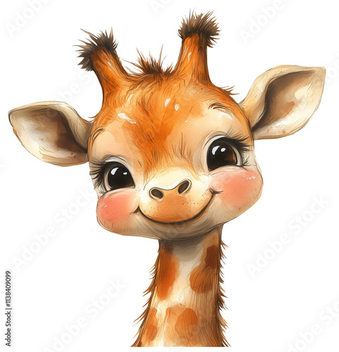 The cutest giraffe baby. Cartoon watercolor cozy first baby animal smile. Cute children's illustration. Without background in png format.