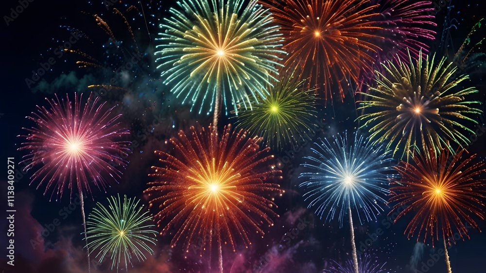 New Year Celebration Spectacular Fireworks Festive Night Sky Colorful Lights Excitement and Joyful Vibes New Year Celebration Spectacular Fireworks Festive Night Sky Colorful Lights Excitement and Joyful Vibes