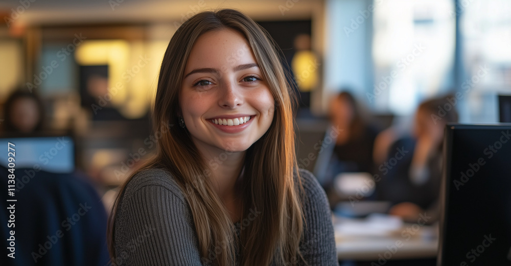 Close-up of a confident and smiling young businesswoman in a modern office setting, exuding professionalism and positivity during a collaborative meeting Close-up of a confident and smiling young businesswoman in a modern office setting, exuding professionalism and positivity during a collaborative meeting