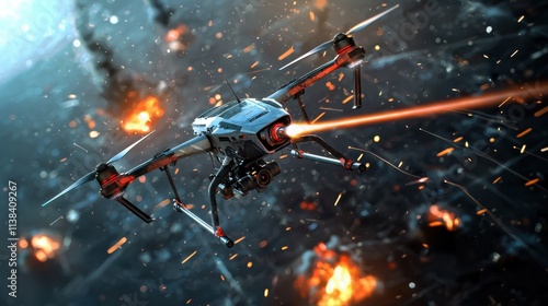 Futuristic drone emitting laser beams engaging in battle warzone digital art action-packed aerial view sci-fi concept