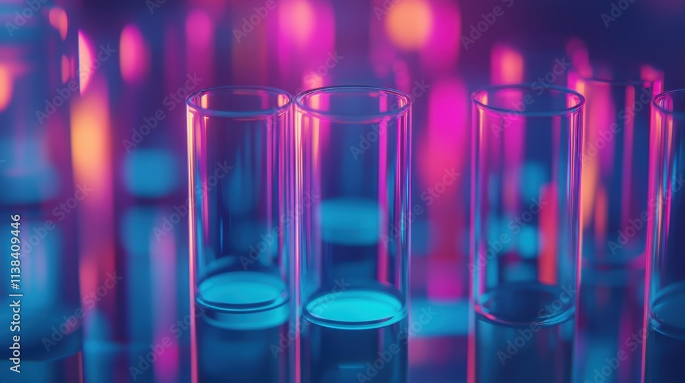 Vibrant chemical solutions in test tubes glowing brightly under a focused laboratory light, detailed realism. Vibrant chemical solutions in test tubes glowing brightly under a focused laboratory light, detailed realism.
