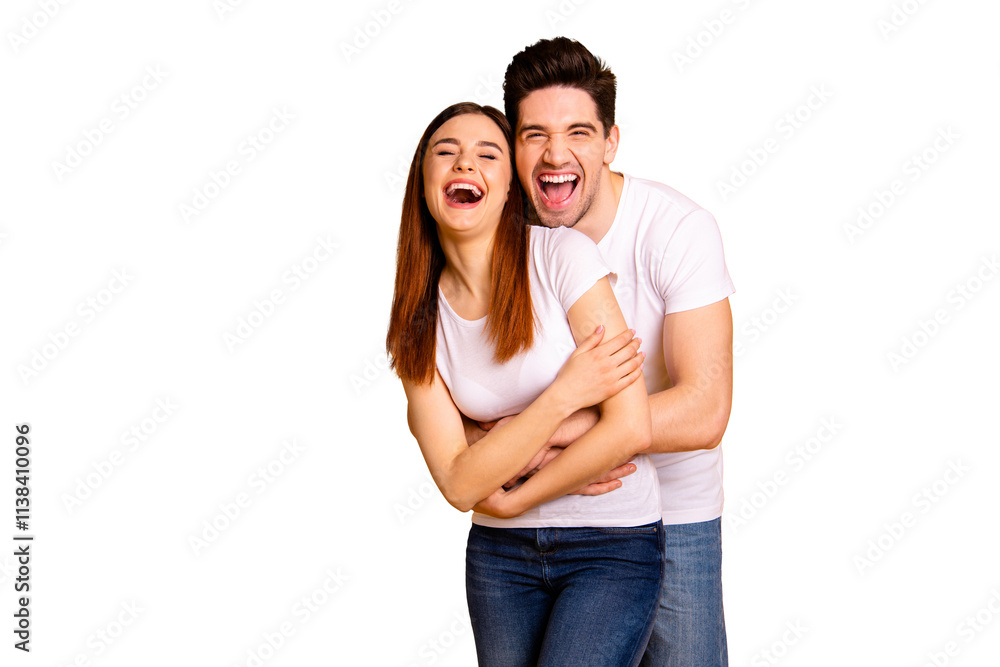 Portrait of his he her she two nice-looking lovely sweet attractive cheerful cheery positive people cuddling laughter isolated over vivid shine bright yellow background Portrait of his he her she two nice-looking lovely sweet attractive cheerful cheery positive people cuddling laughter isolated over vivid shine bright yellow background