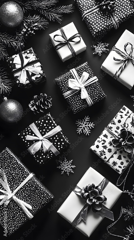 Fototapeta premium 89. A-Z arranged with traditional Christmas gift motifs, black and white background
