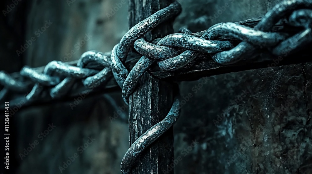 Weathered wooden cross entwined with thick, metallic chain. Weathered wooden cross entwined with thick, metallic chain.