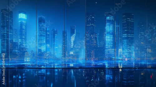 Blue Gradient Glass Skyscraper Cityscape with Floor Reflections  Futuristic Corporate Concept Art with High Resolution and Motion Blur.