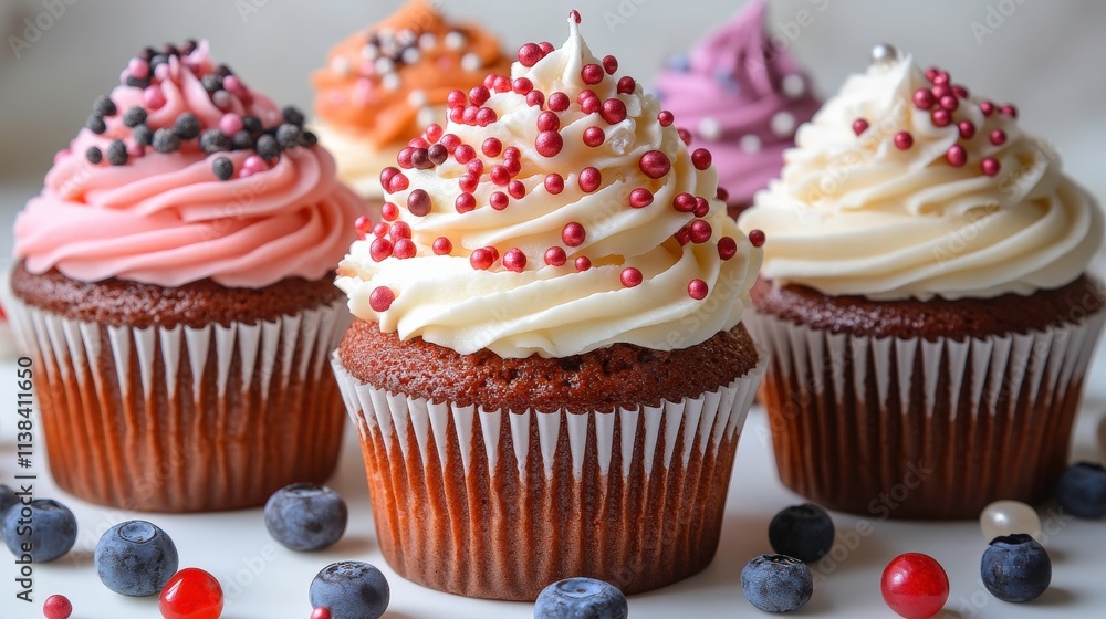Delicious and Colorful Cupcakes with Swirled Frosting Topped with Sprinkles, Berries, and Decorative Elements on a Light Background Delicious and Colorful Cupcakes with Swirled Frosting Topped with Sprinkles, Berries, and Decorative Elements on a Light Background
