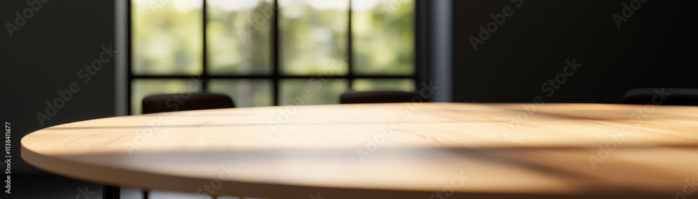 Round table, board room concept. round wooden table in meeting space with natural light streaming in Round table, board room concept. round wooden table in meeting space with natural light streaming in