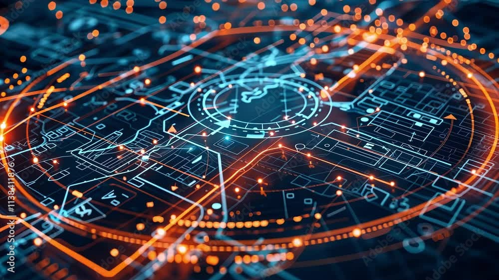 Complex network of interconnected nodes and pathways visualized on futuristic digital interface, representing data flow, communication, or technological infrastructure Complex network of interconnected nodes and pathways visualized on futuristic digital interface, representing data flow, communication, or technological infrastructure