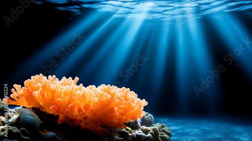 Sunbeams illuminate vibrant coral reef underwater scene in oceanic depth. photo