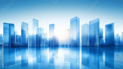 Wallpaper Mural Blue Gradient Glass Skyscraper Cityscape with Floor Reflections, Futuristic Corporate Concept Art with High Resolution and Motion Blur. Torontodigital.ca