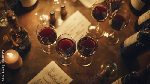 A cozy gathering featuring wine glasses, candles, and notes on a wooden table.