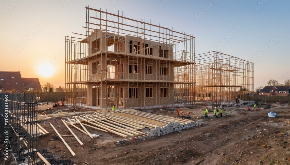 New family houses under construction at sunset with scaffolding and materials scattered around the site New family houses under construction at sunset with scaffolding and materials scattered around the site