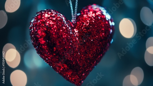 Red Glitter Heart Ornament  Festive Holiday Decoration