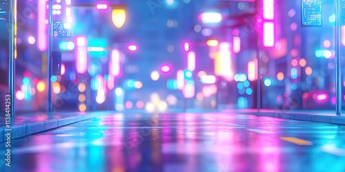 Vibrant urban scene with neon lights reflecting on a wet street at night.