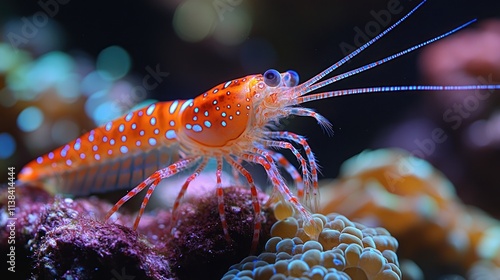 A vibrant orange and blue shrimp on coral, showcasing marine life beauty. photo