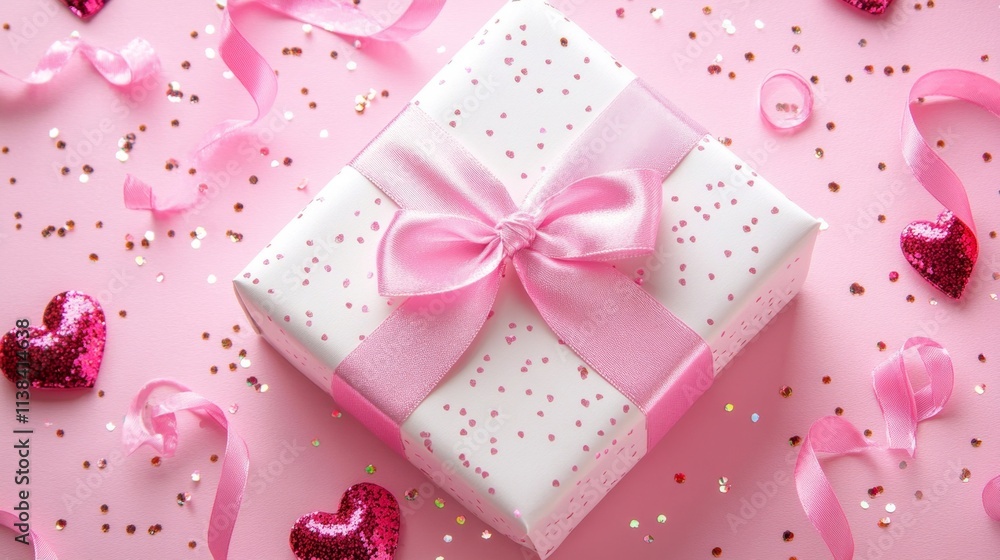Top view photo of st valentine's day decorations white gift box with bow pink curly ribbon and sequins on isolated pastel pink background with copy space Top view photo of st valentine's day decorations white gift box with bow pink curly ribbon and sequins on isolated pastel pink background with copy space