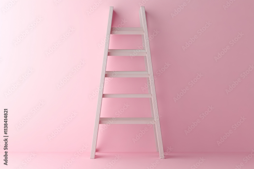 White wooden ladder leans against pink wall. White wooden ladder leans against pink wall.