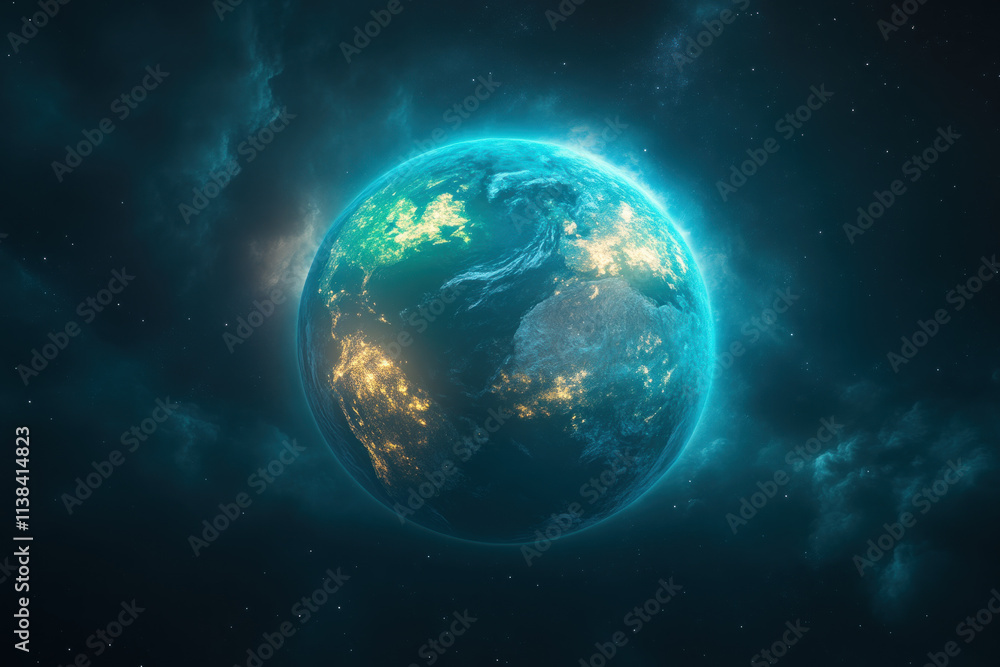 Glowing planet with clouds in space. Glowing planet with clouds in space.