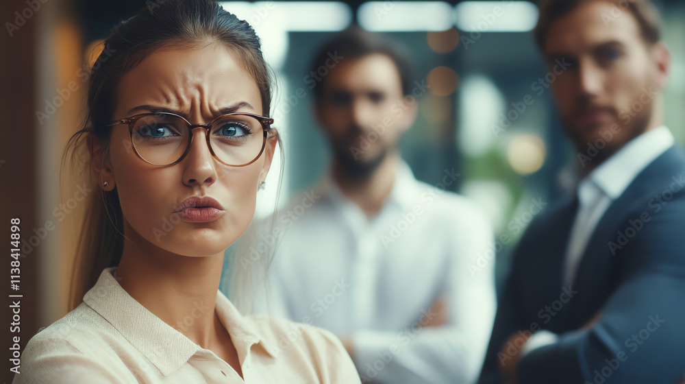 Group of coworkers looking uncomfortable as two employees argue in the background, Workplace conflict, team disruption Group of coworkers looking uncomfortable as two employees argue in the background, Workplace conflict, team disruption