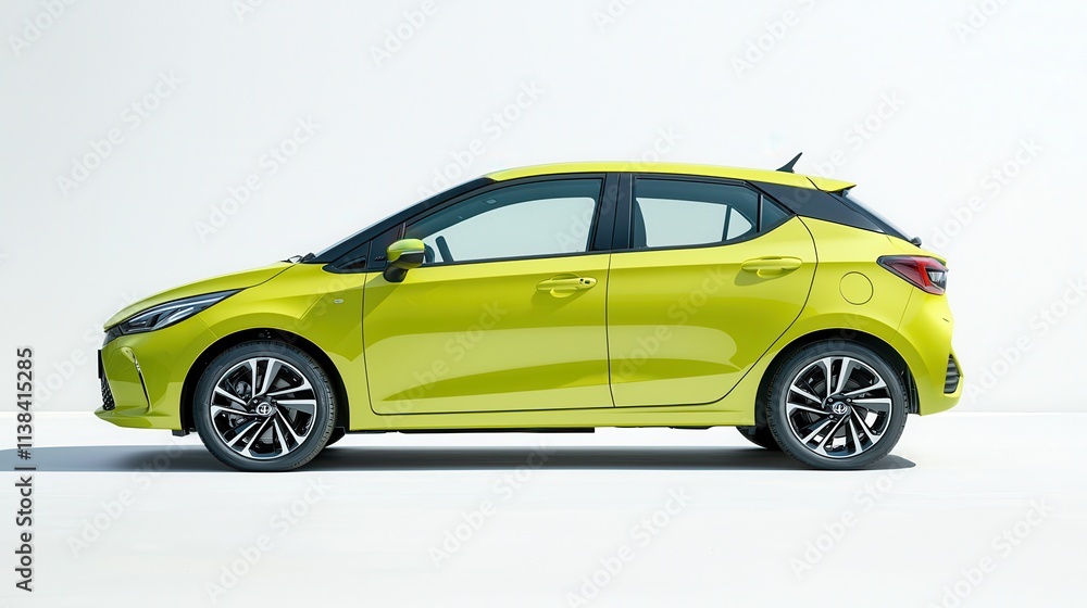 Naklejka premium Bright yellow compact city hatchback illuminated in urban environment dynamic viewpoint automotive